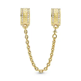 14k Gold Plated  logo safety chain with clear cubic zirconia and silicone grip