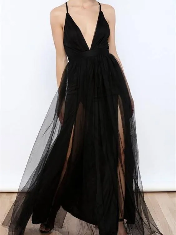 A-line Deep-V Floor-Length Tulle Simple Prom Dresses ASD2506