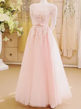 A-line Illusion Floor-Length Tulle Appliqued Pink Prom Dresses ASD2569