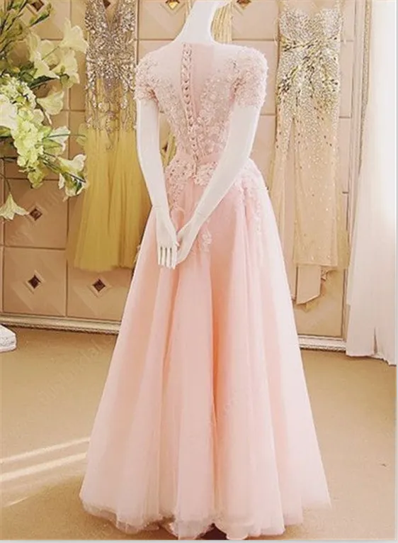 A-line Illusion Floor-Length Tulle Appliqued Pink Prom Dresses ASD2569