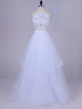 A-line V-neck Floor-Length Tulle White Prom Dresses With Beading ASD27104