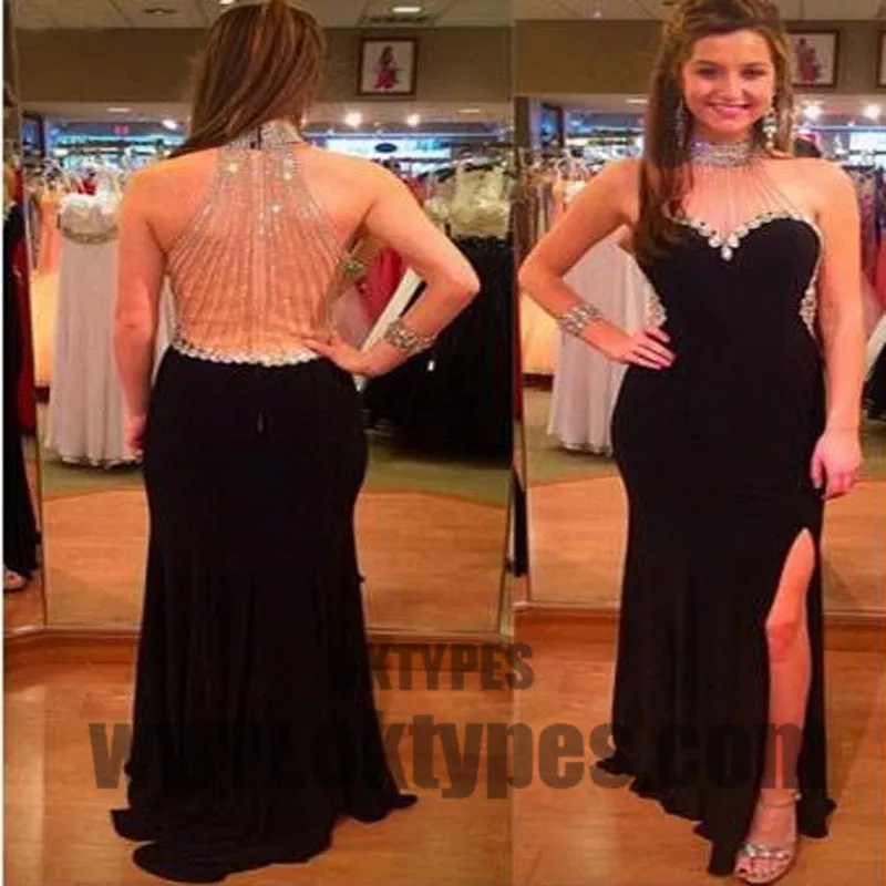 Black Long Prom Dresses, Sexy Side Split Prom Dresses, High Prom Dresses, Beading Prom Dresses, Yarn Prom Dresses, TYP0208