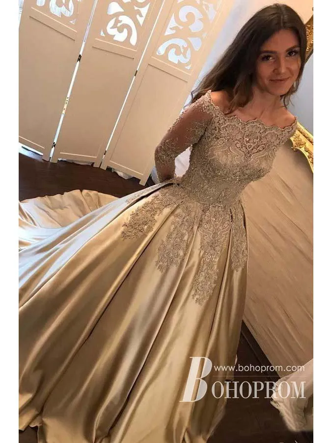 Charming Satin Appliqued Beaded Longsleeves Off-the-shoulder A-line Prom Dresses PD773