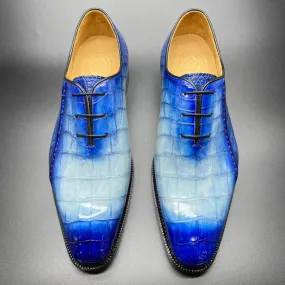 Crocodile Shoes Genuine Crocodile Leather Mens Penny Loafers Dress Shoes Hand Painted Two Tone  Blue