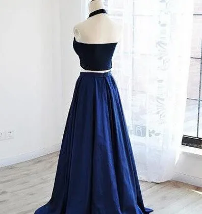 Dark Navy Halter Satin Prom Dress,2 Pieces Prom Dresses SD401