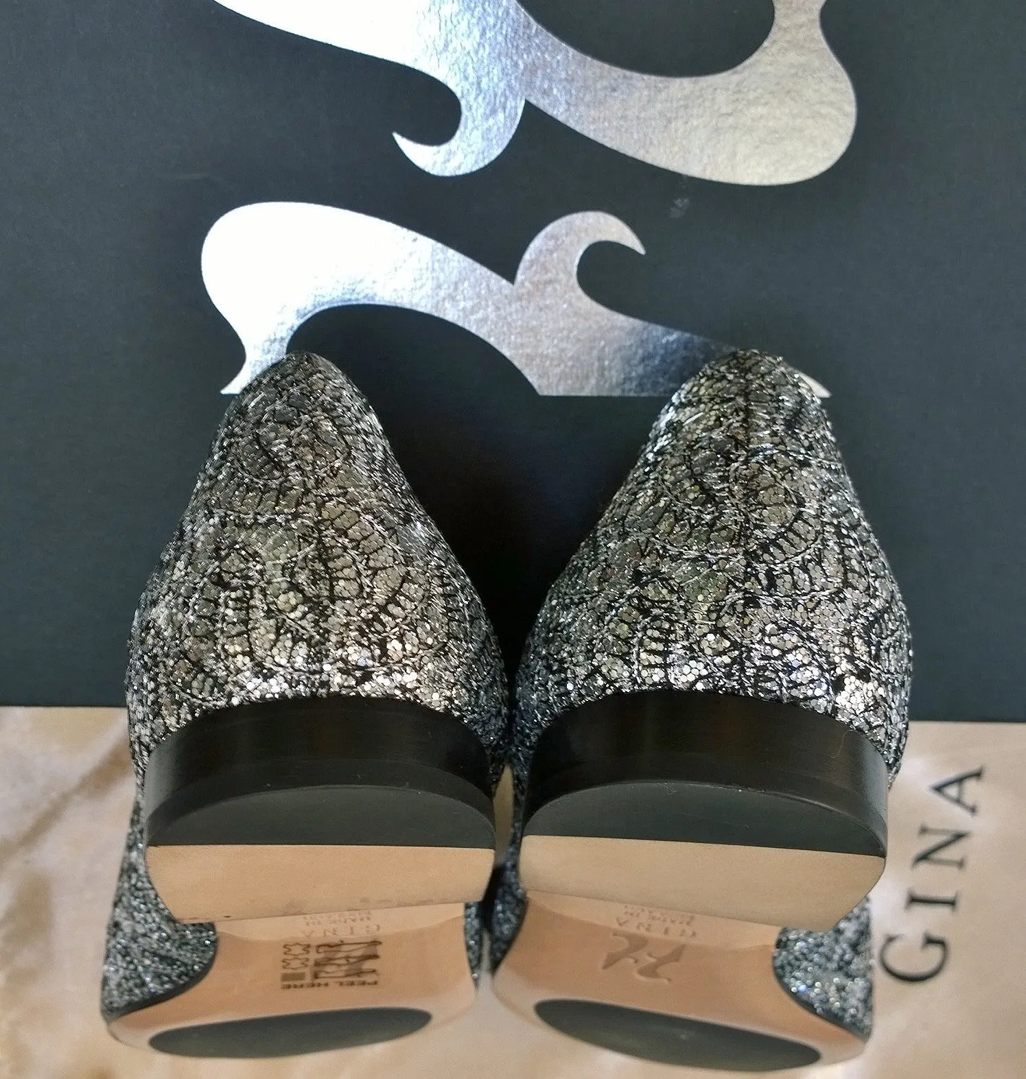 Gina Darcy Silver Glitter Lace Leather Flats Pointy Pumps