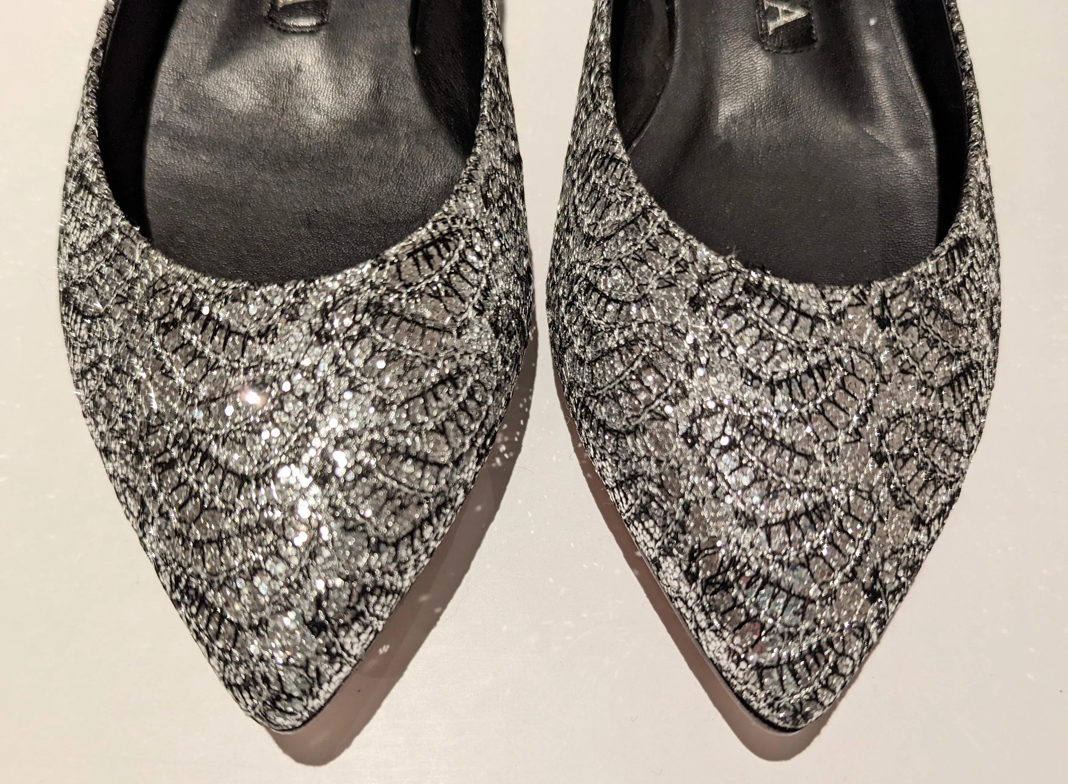 Gina Darcy Silver Glitter Lace Leather Flats Pointy Pumps