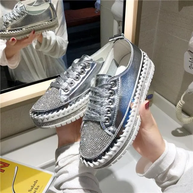 Glittering Rhinestone Platform Flats for Casual Wear