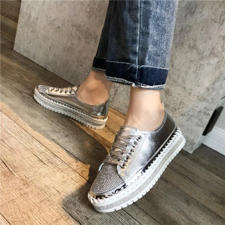 Glittering Rhinestone Platform Flats for Casual Wear