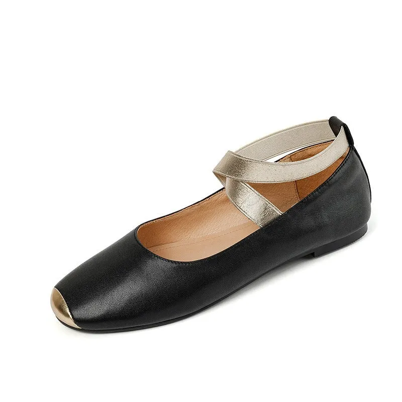 Handmade Leather Mary Jane Flats with Cross-strap Detail in Brown/Black