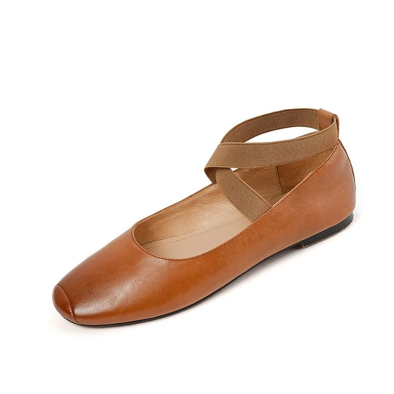 Handmade Leather Mary Jane Flats with Cross-strap Detail in Brown/Black