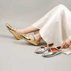 Leather Ballet Flats with Cross-Strap Almond Toe in Sliver/Golden