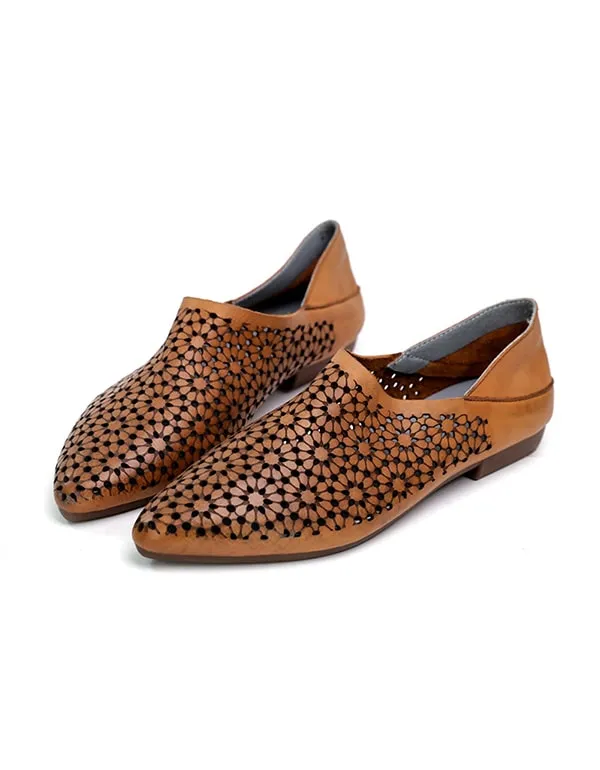 Pointed Toe Hollow Handmade Retro Leather Flats