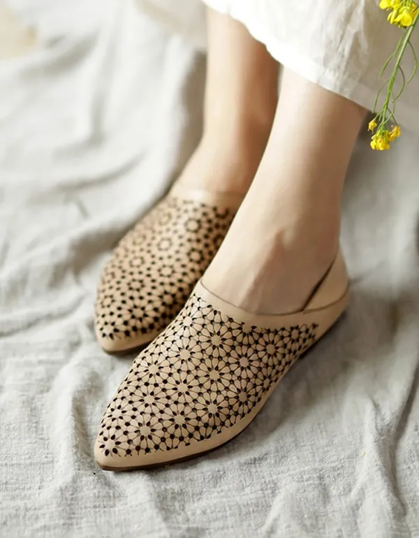 Pointed Toe Hollow Handmade Retro Leather Flats